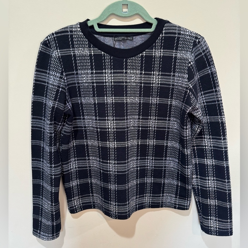 Zara Black & White Plaid Boxy Fit Crew Neck Sweater Women's M